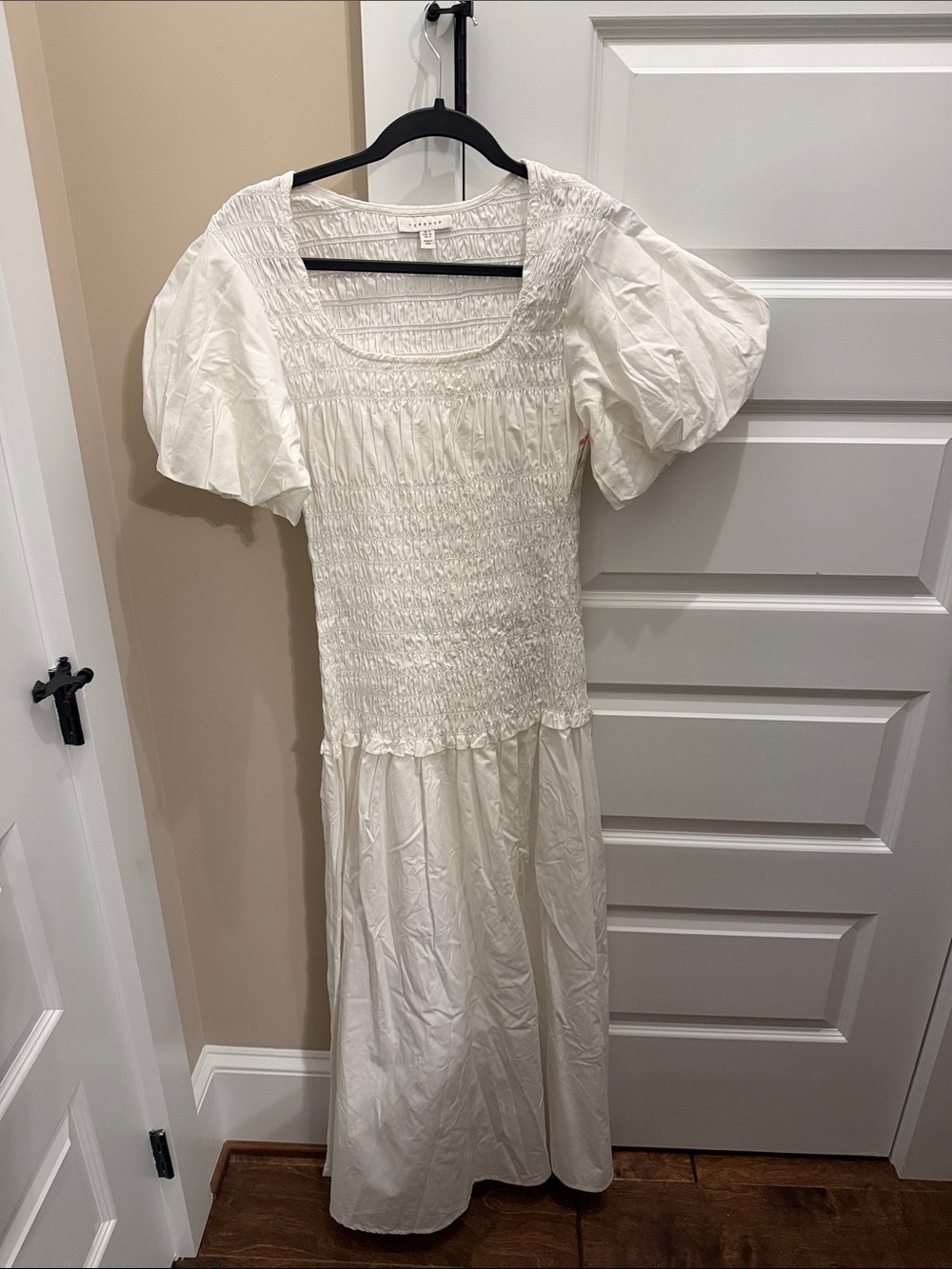Topshop Cream Puff-Sleeve Smocked Maxi Dress